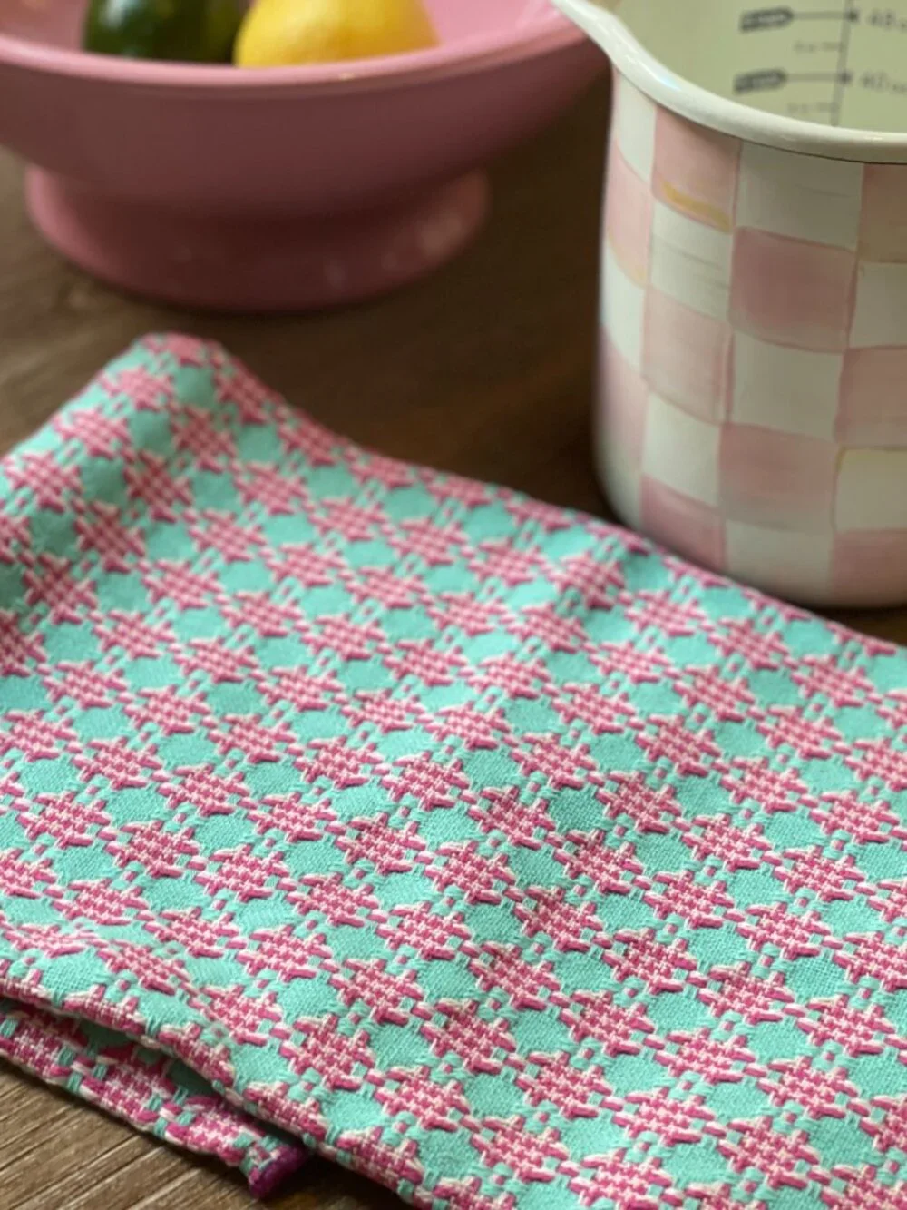 Anthropologie Aqua Pink Woven Geo Kitchen Towel -NEW - Theme: Textile Candy